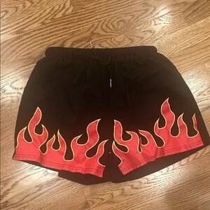 ROMWE Black Shorts with Red Flame Design